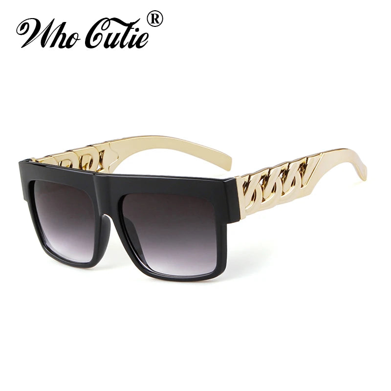 2021 Oversized Hip Hop Sunglasses Men Women Brand Design Flat Top Retro Square Black Sun Glasses Gold Plastic Chain Frame OM725