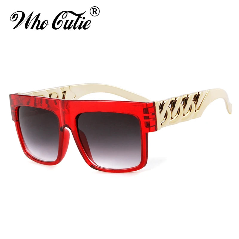 2021 Oversized Hip Hop Sunglasses Men Women Brand Design Flat Top Retro Square Black Sun Glasses Gold Plastic Chain Frame OM725