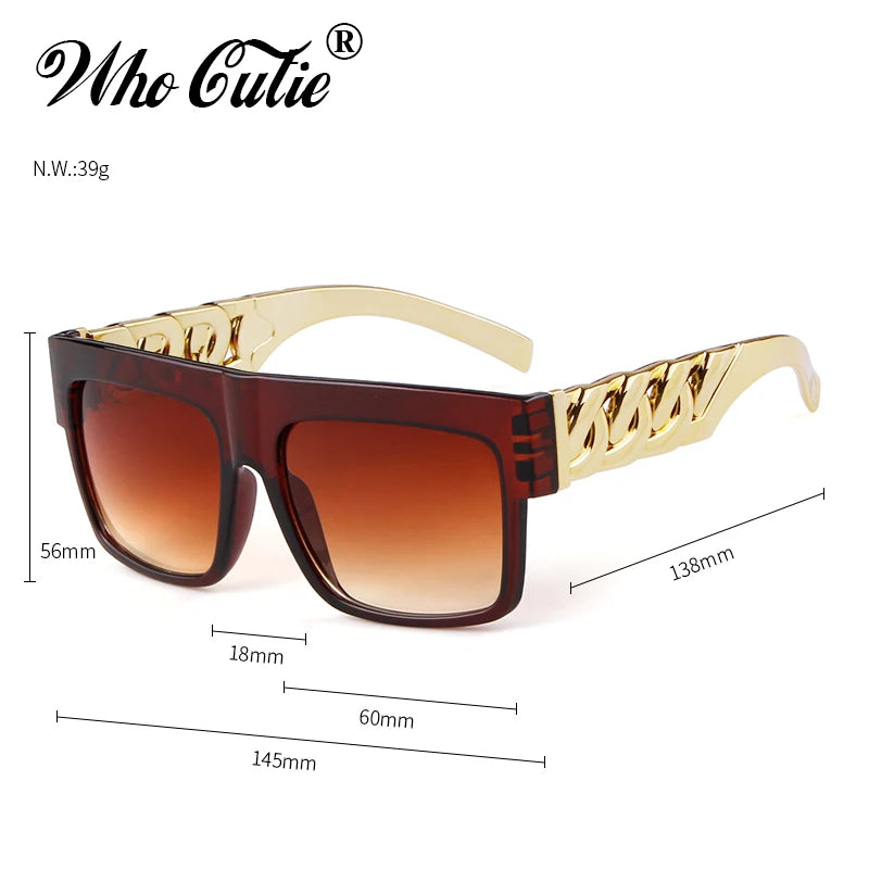 2021 Oversized Hip Hop Sunglasses Men Women Brand Design Flat Top Retro Square Black Sun Glasses Gold Plastic Chain Frame OM725