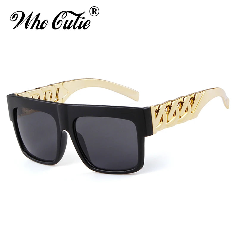2021 Oversized Hip Hop Sunglasses Men Women Brand Design Flat Top Retro Square Black Sun Glasses Gold Plastic Chain Frame OM725